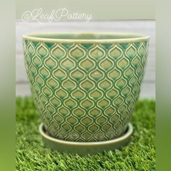 Coral Aqua/Green Ceramic Planter Pot with Saucer Attached - Picture 3 of 8